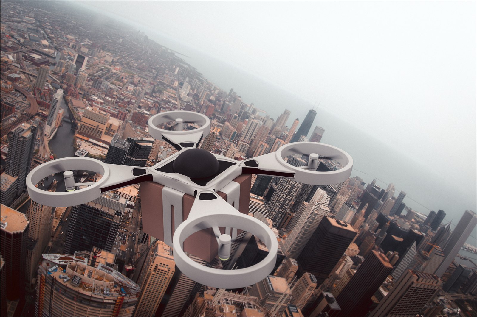 Security drone flying high above a dense downtown city skyline
