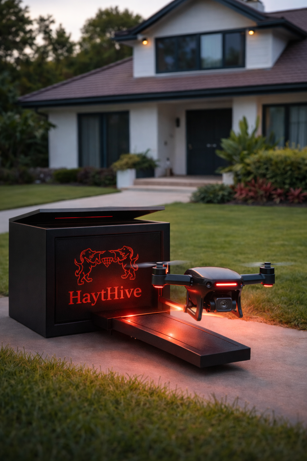 HaytHive Smart Drone Box, a weatherproofed enclosure with motorized lid open showing universal charging pad